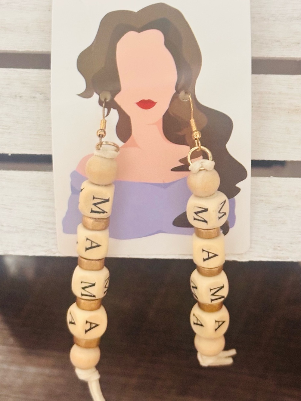 Handmade 'MAMA' Natural Wood Bead Dangle Earrings